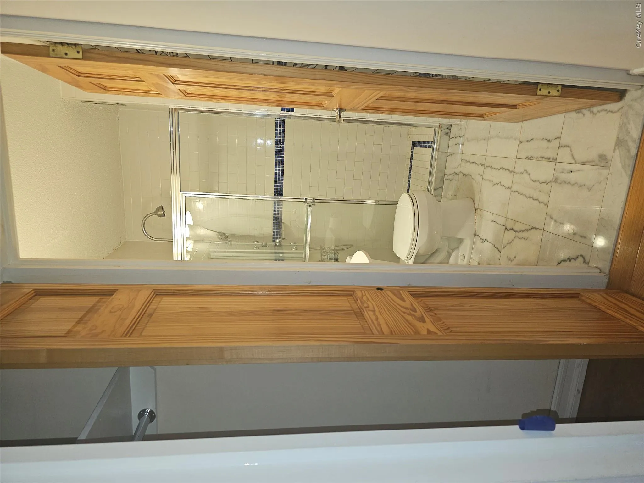 Bathroom featuring a walk-in shower with glass enclosure, white subway tile surround, and blue accent tile Bathroom featuring a walk-in shower with glass enclosure, white subway tile surround, and blue accent tile