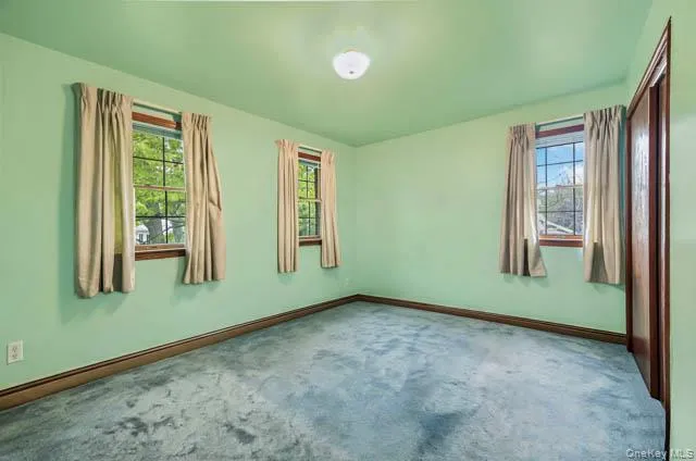 Room featuring three windows with grid panes, light green walls, blue carpet, and dark wood trim Room featuring three windows with grid panes, light green walls, blue carpet, and dark wood trim