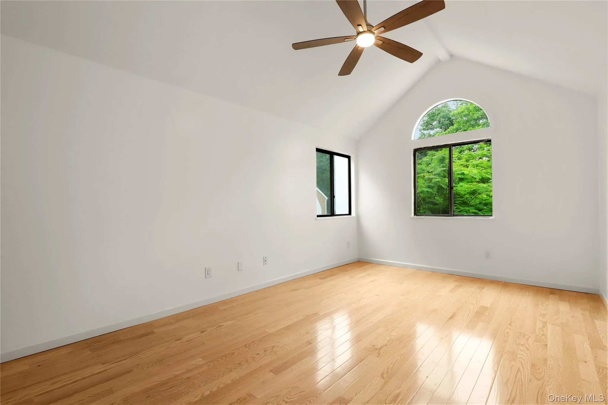 Spare room with a ceiling fan, lofted ceiling, light wood-style flooring, and baseboards Spare room with a ceiling fan, lofted ceiling, light wood-style flooring, and baseboards