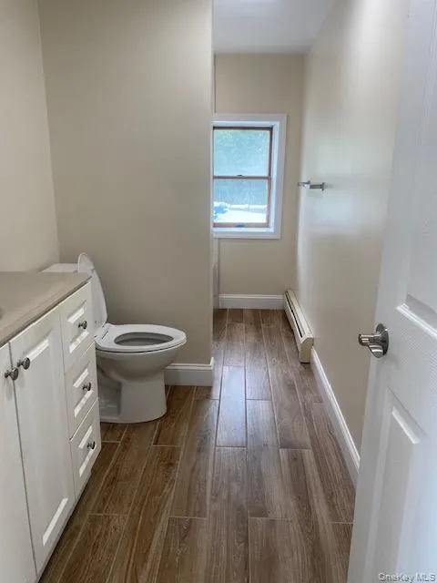 Bathroom featuring a baseboard heating unit, wood finished floors, vanity, toilet, and baseboards Bathroom featuring a baseboard heating unit, wood finished floors, vanity, toilet, and baseboards