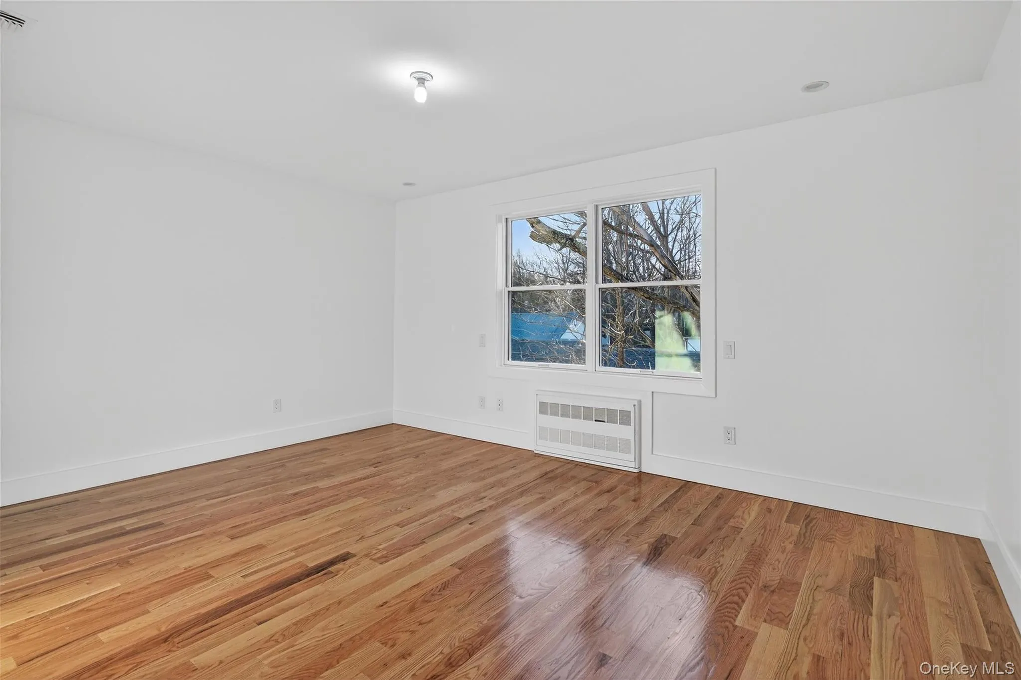 Unfurnished room featuring wood finished floors and radiator heating unit Unfurnished room featuring wood finished floors and radiator heating unit