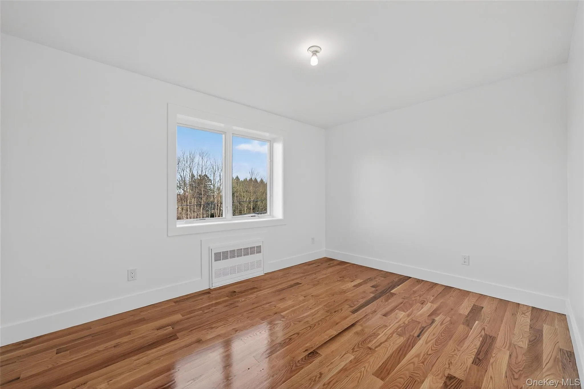 Spare room featuring wood finished floors and radiator Spare room featuring wood finished floors and radiator