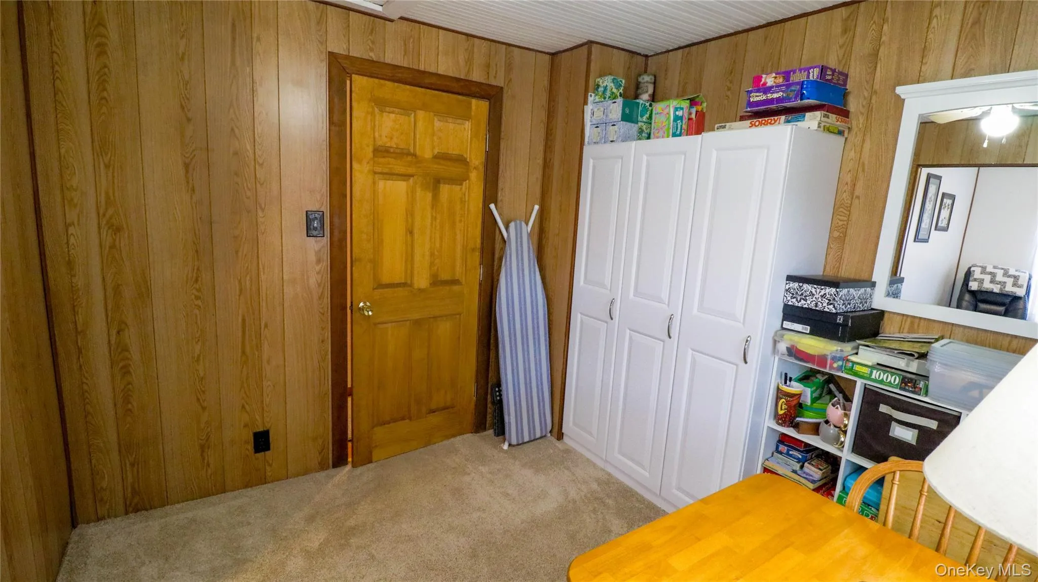 Interior room featuring wood-panel walls, carpet flooring, a paneled wood door, and a white built-in storage unit Interior room featuring wood-panel walls, carpet flooring, a paneled wood door, and a white built-in storage unit