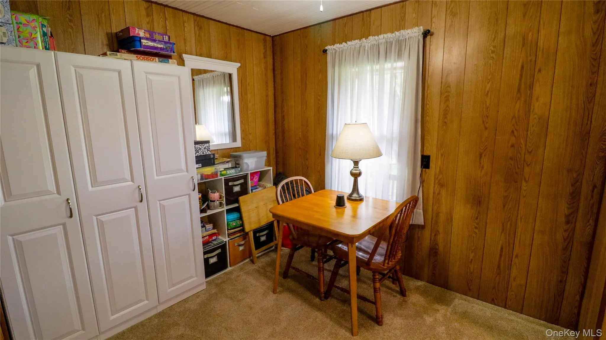Interior space featuring wood-finish paneling and an overhead light fixture Interior space featuring wood-finish paneling and an overhead light fixture
