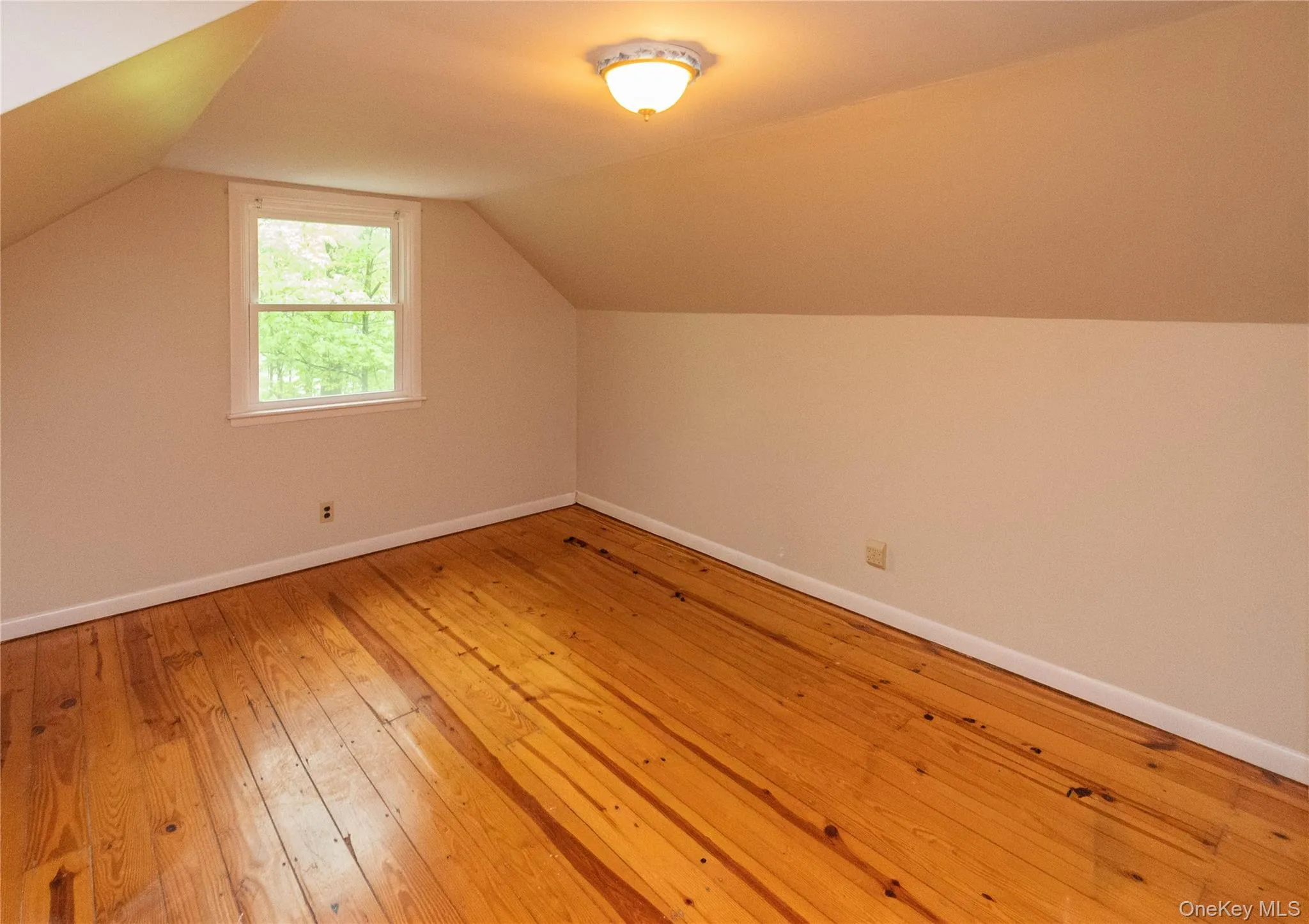 Room featuring wood-finish flooring, a double-hung window with white trim, and a ceiling-mounted light fixture Room featuring wood-finish flooring, a double-hung window with white trim, and a ceiling-mounted light fixture