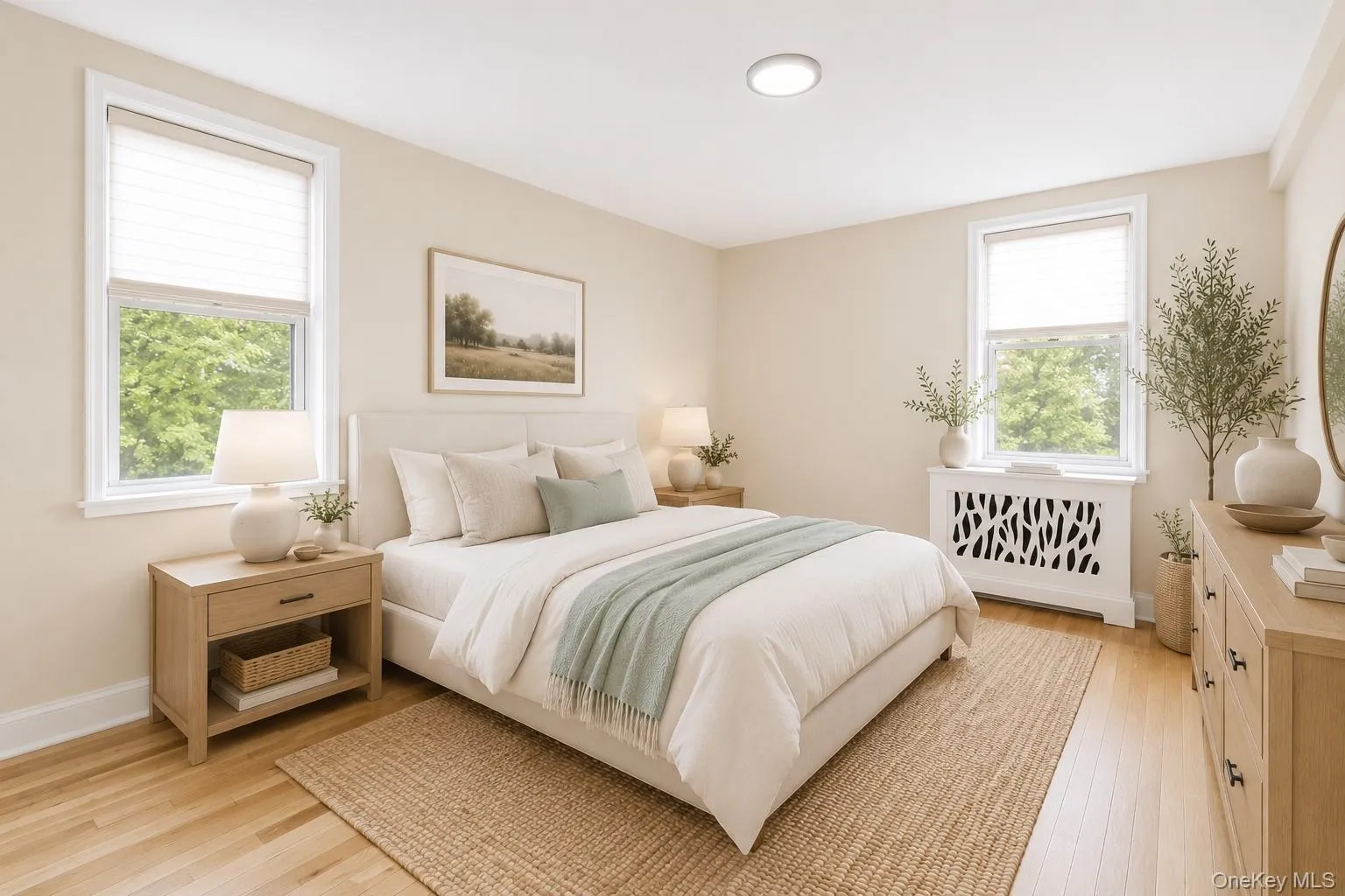 Virtually Staged - Bedroom featuring wood-finish flooring, recessed lighting, and two windows with pleated shades Virtually Staged - Bedroom featuring wood-finish flooring, recessed lighting, and two windows with pleated shades