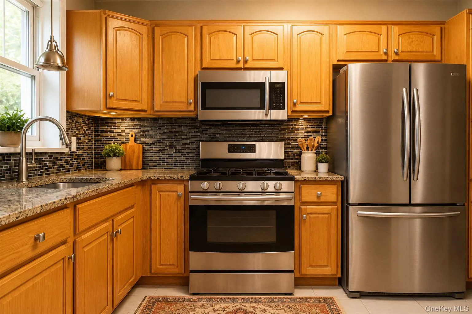 Kitchen featuring light wood cabinetry, granite countertops, and a mosaic tile backsplash Kitchen featuring light wood cabinetry, granite countertops, and a mosaic tile backsplash