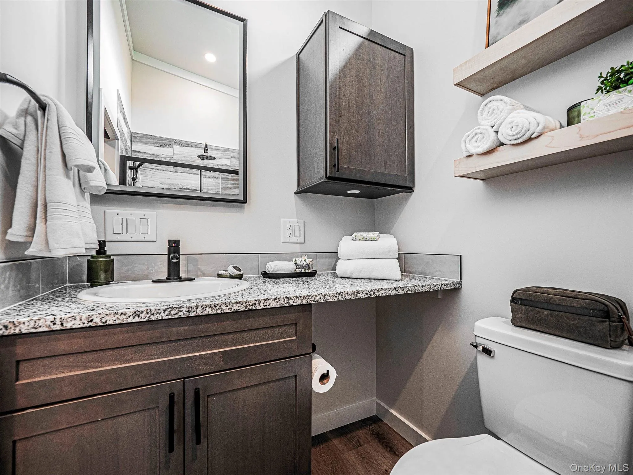 Bath with dark wood-type flooring and vanity Bath with dark wood-type flooring and vanity