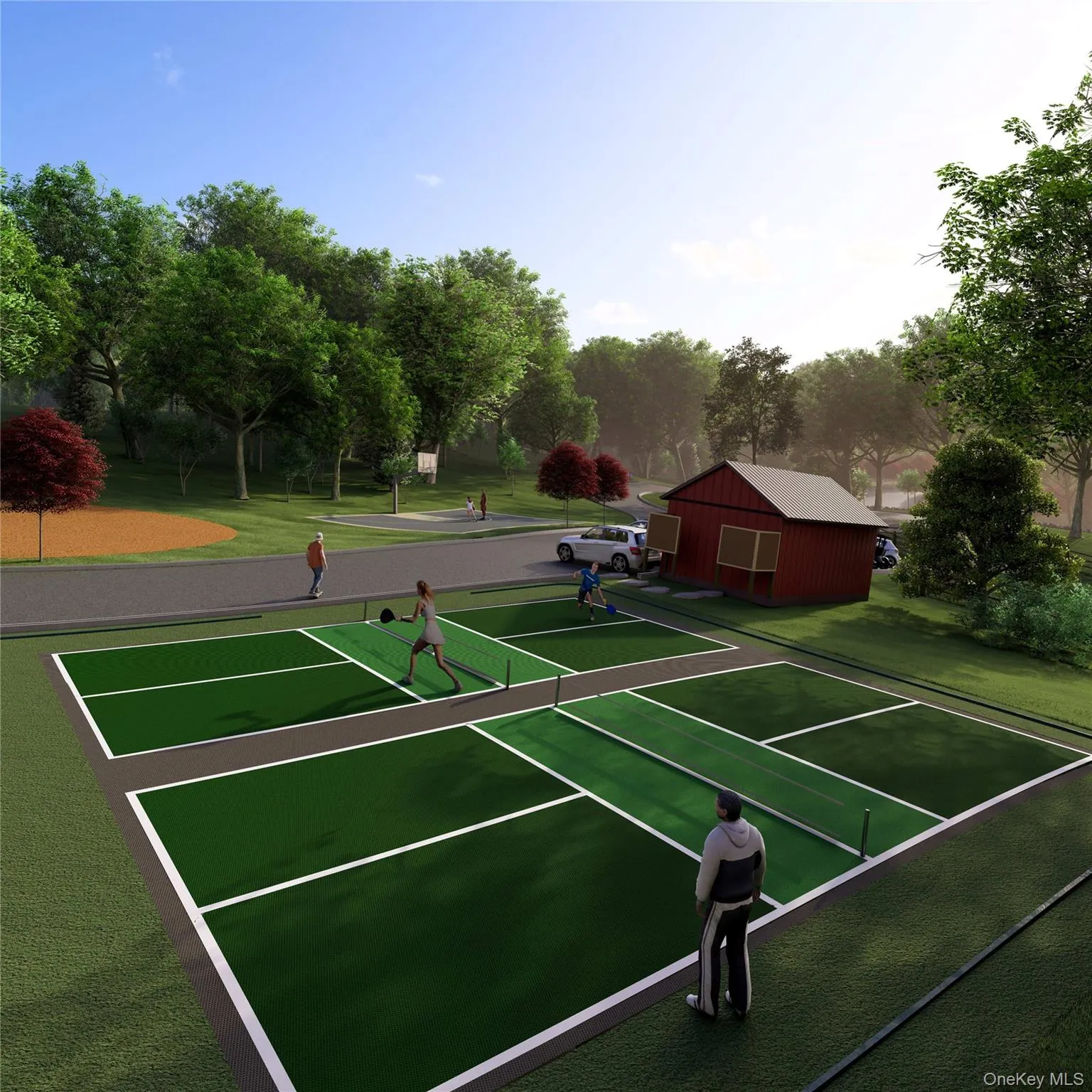 View of tennis court featuring an outdoor structure and a lawn View of tennis court featuring an outdoor structure and a lawn