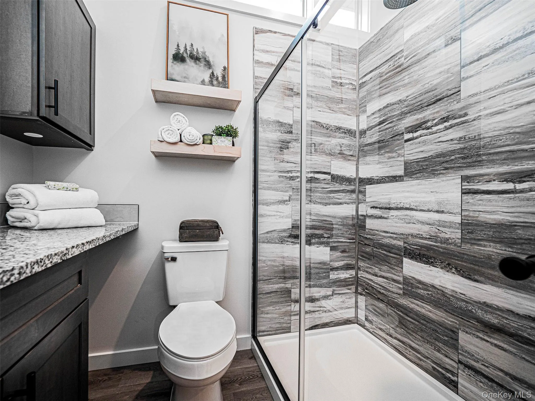 Bathroom featuring vanity, a stall shower, and dark wood-type flooring Bathroom featuring vanity, a stall shower, and dark wood-type flooring
