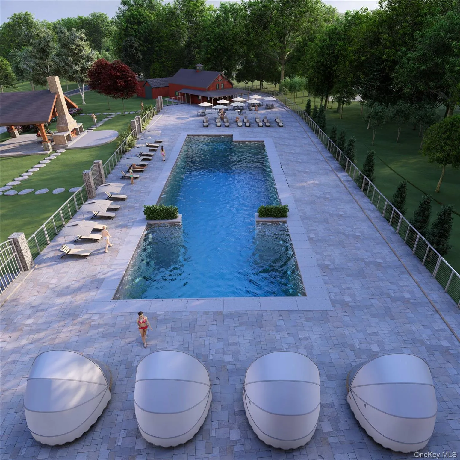 Community pool featuring a patio and view of wooded area Community pool featuring a patio and view of wooded area