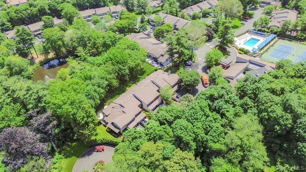 Aerial perspective highlighting a pond with a fountain feature, surrounded by mature trees Aerial perspective highlighting a pond with a fountain feature, surrounded by mature trees