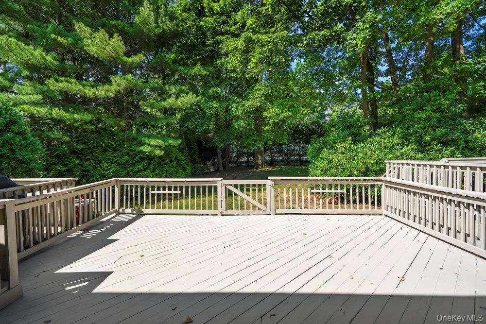 Expansive wood-finish deck with perimeter railing and gated entry to the backyard Expansive wood-finish deck with perimeter railing and gated entry to the backyard
