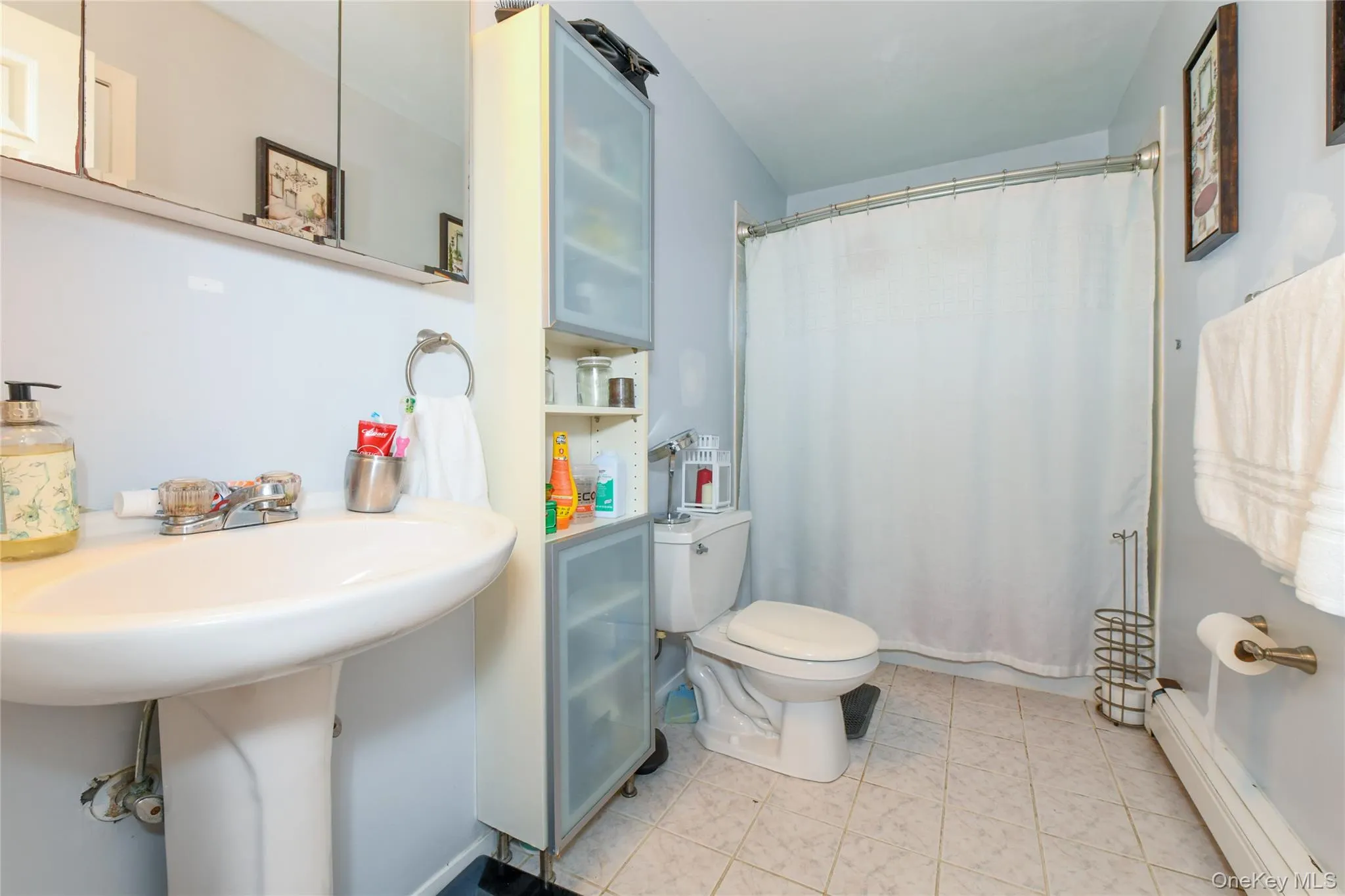 Bathroom with a baseboard radiator and a shower with curtain Bathroom with a baseboard radiator and a shower with curtain