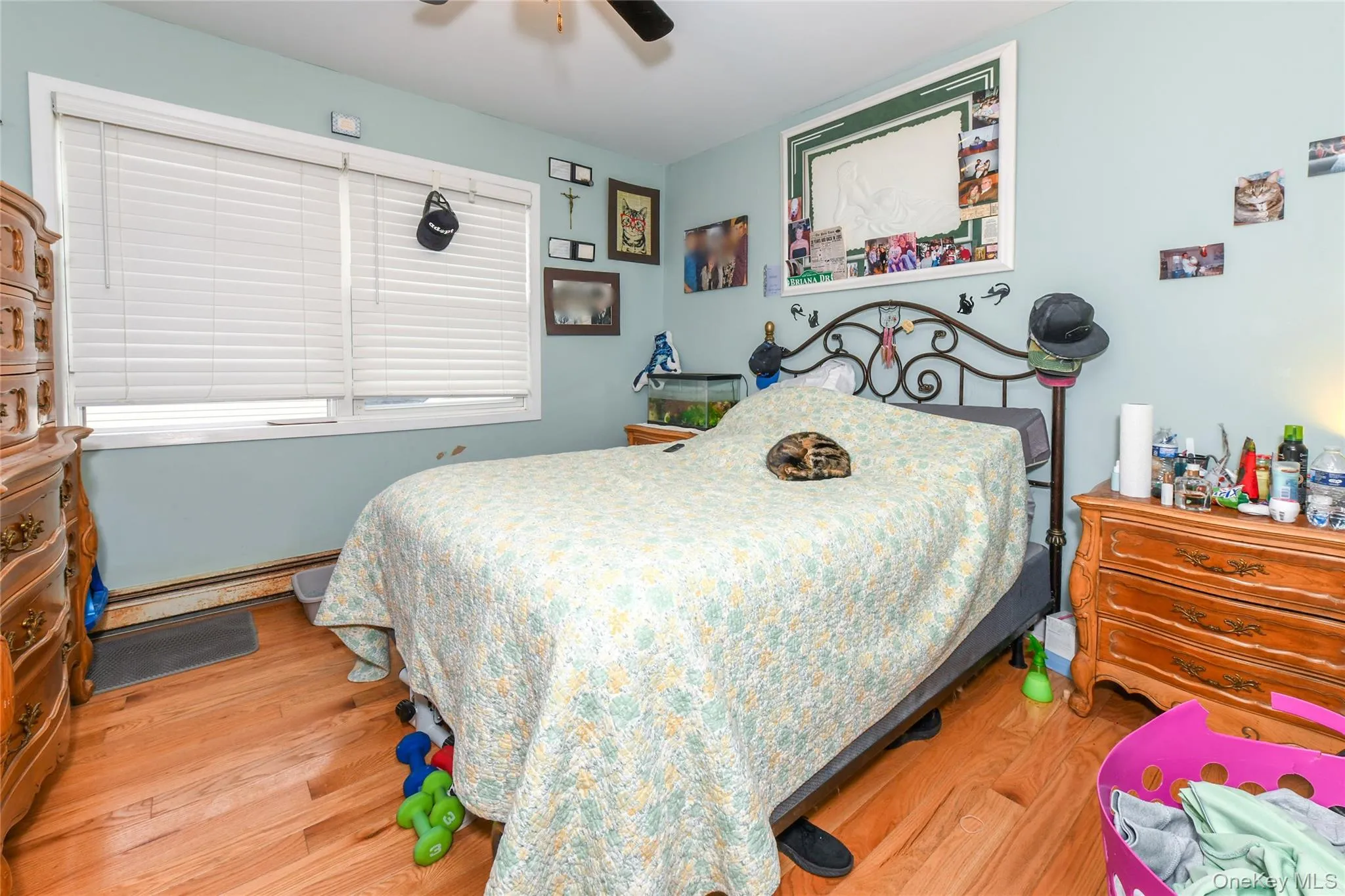 Bedroom with light wood finished floors, a baseboard radiator, and a ceiling fan Bedroom with light wood finished floors, a baseboard radiator, and a ceiling fan