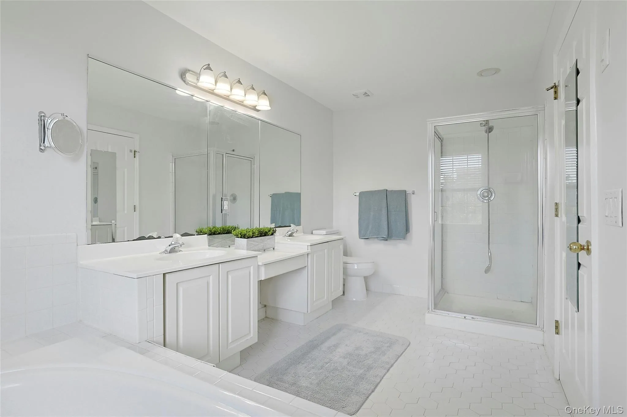 Primary Bathroom boasts separate shower, large soaking tub, double vanity and light tiles Primary Bathroom boasts separate shower, large soaking tub, double vanity and light tiles