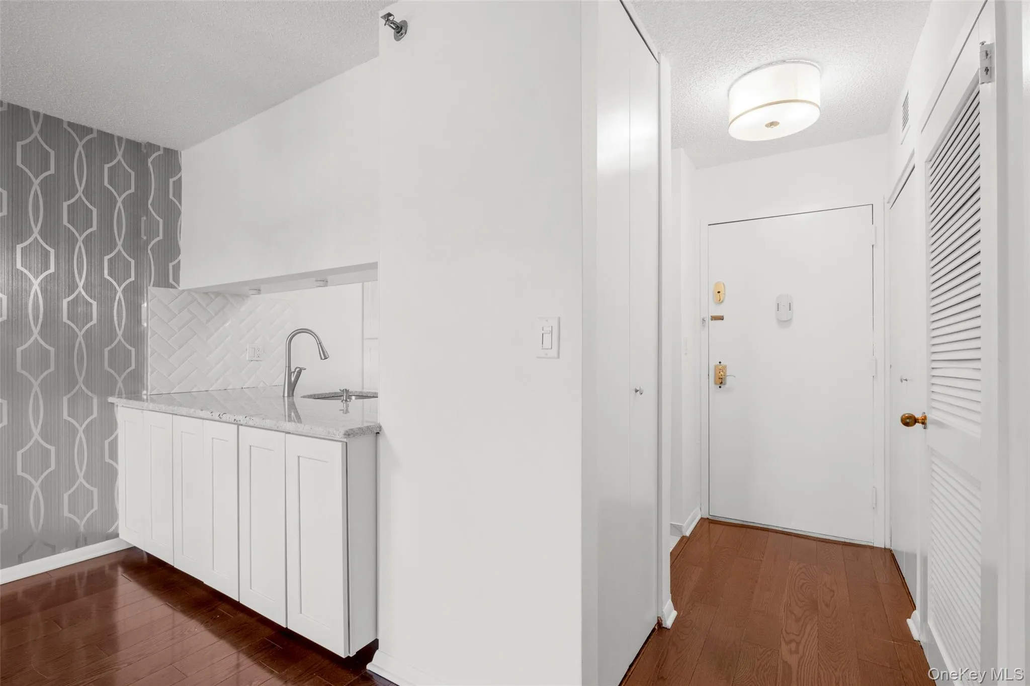 Entryway featuring wood-finish flooring, a flush-mount ceiling light, and white paneled doors Entryway featuring wood-finish flooring, a flush-mount ceiling light, and white paneled doors