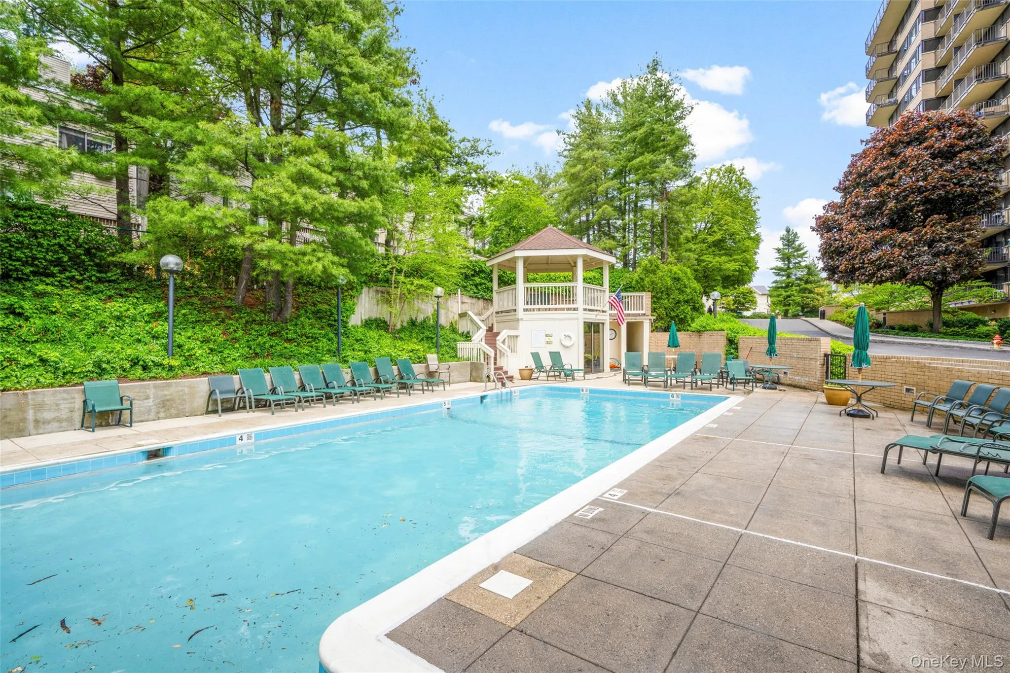 Outdoor swimming pool with a surrounding paved deck, bordered by mature trees and lush landscaping Outdoor swimming pool with a surrounding paved deck, bordered by mature trees and lush landscaping