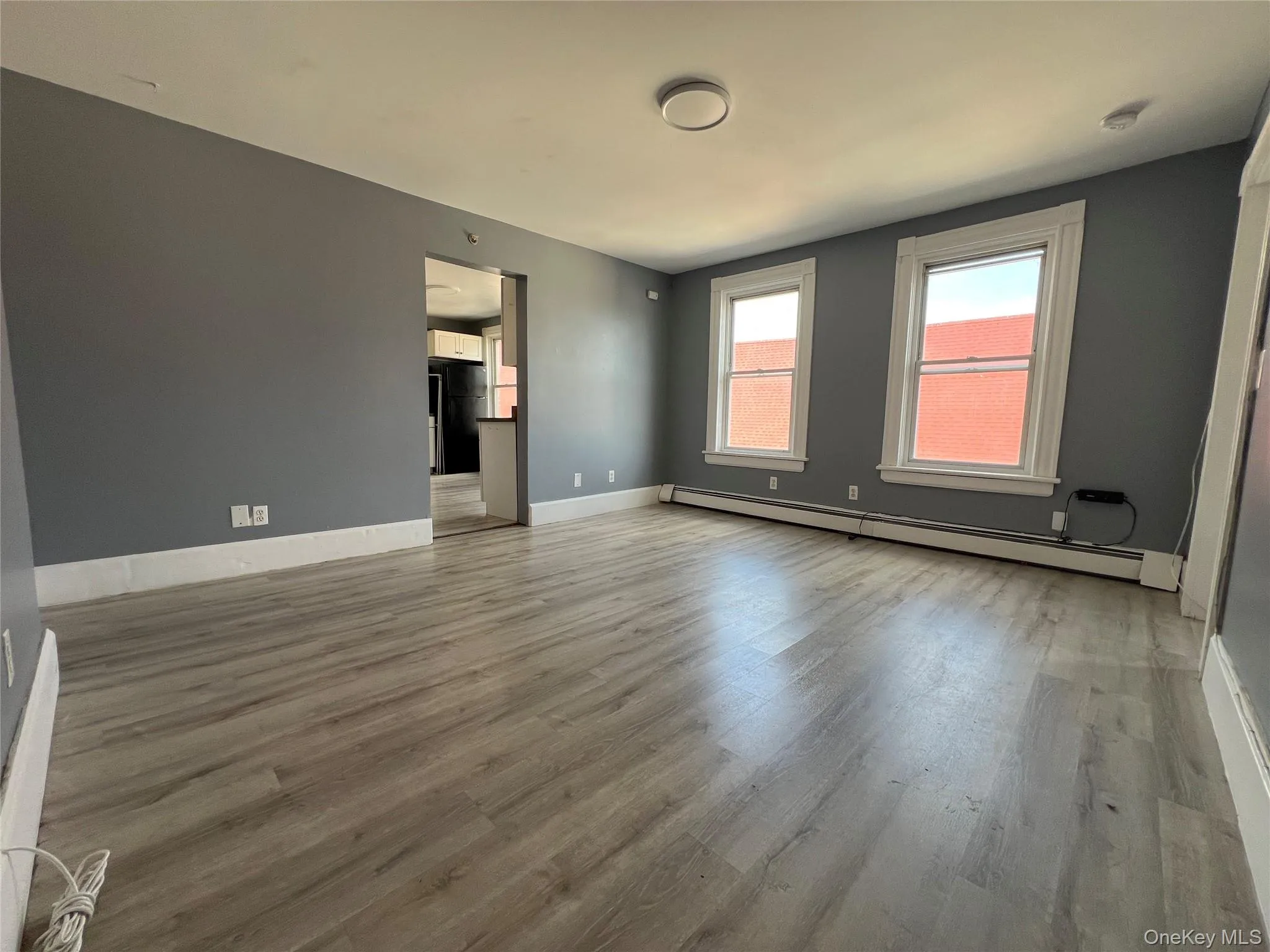 Living room with two windows gray laminate flooring. Living room with two windows gray laminate flooring.