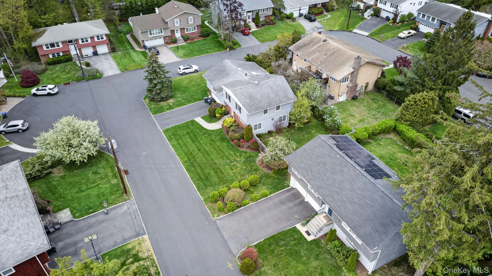 Aerial perspective showcasing a residential neighborhood with mature trees and manicured lawns Aerial perspective showcasing a residential neighborhood with mature trees and manicured lawns
