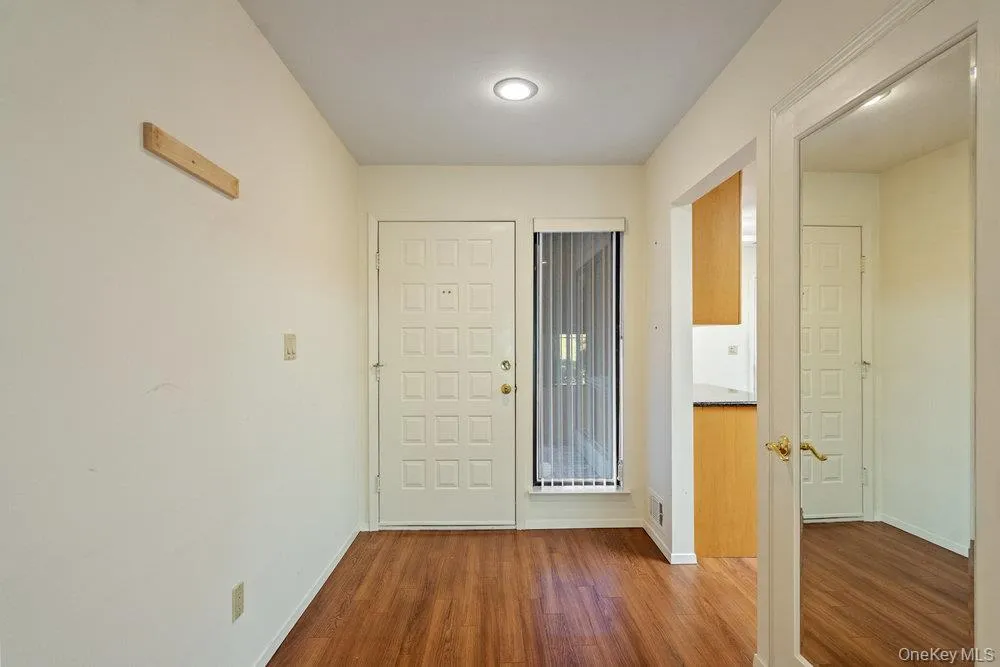 Entryway featuring wood-finish flooring, a paneled entry door, vertical blinds, and a full-length mirrored door Entryway featuring wood-finish flooring, a paneled entry door, vertical blinds, and a full-length mirrored door