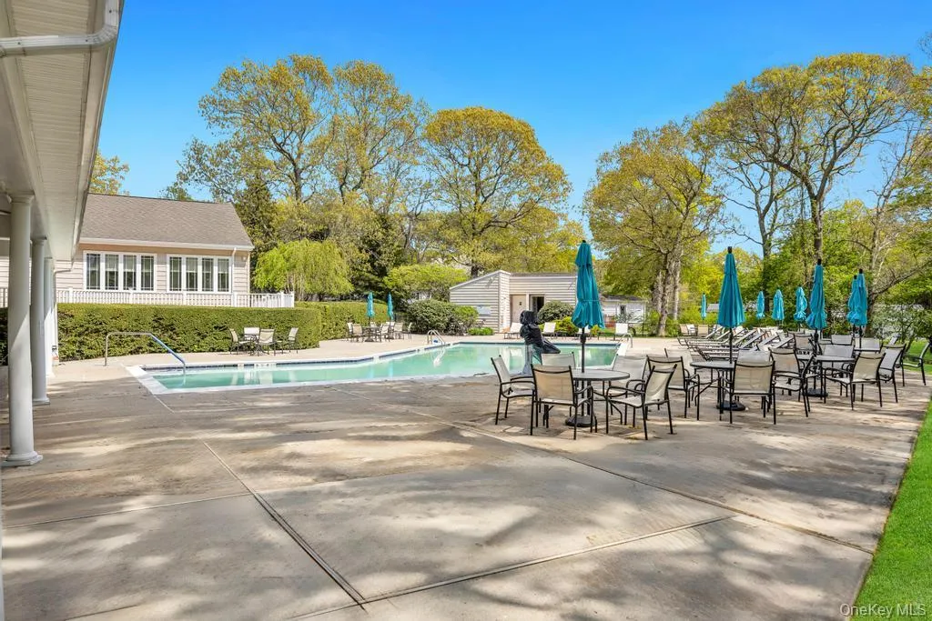 Expansive outdoor pool area featuring a concrete deck, multiple seating arrangements, and a surrounding privacy hedge Expansive outdoor pool area featuring a concrete deck, multiple seating arrangements, and a surrounding privacy hedge