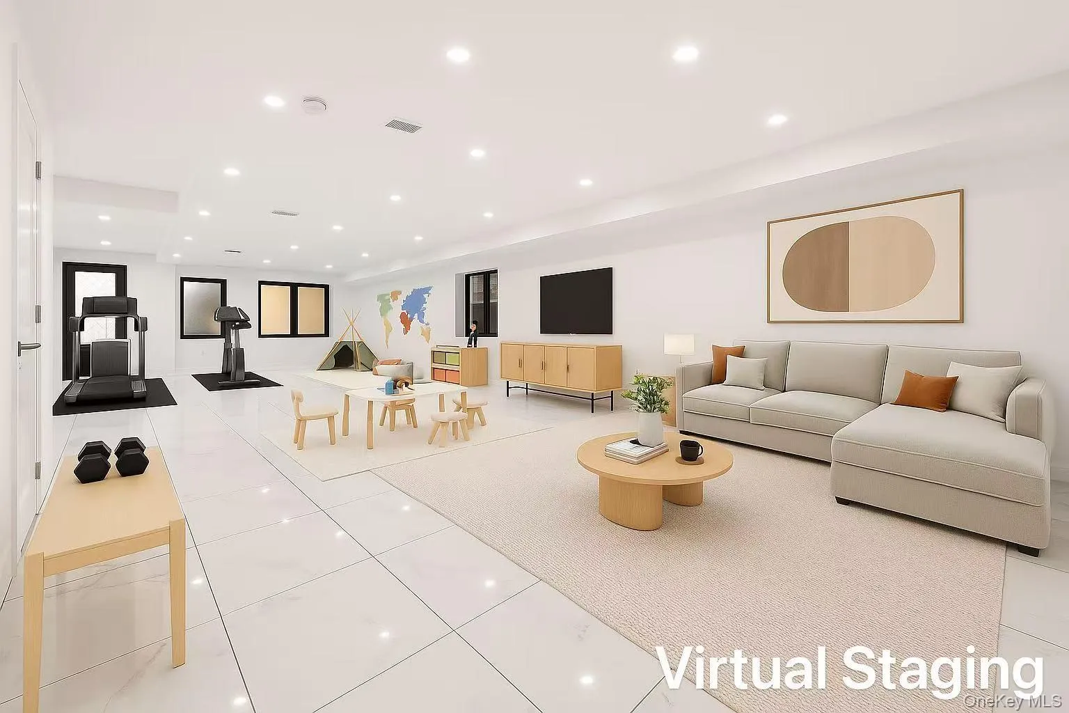 Living room with recessed lighting and light tile patterned floors Living room with recessed lighting and light tile patterned floors