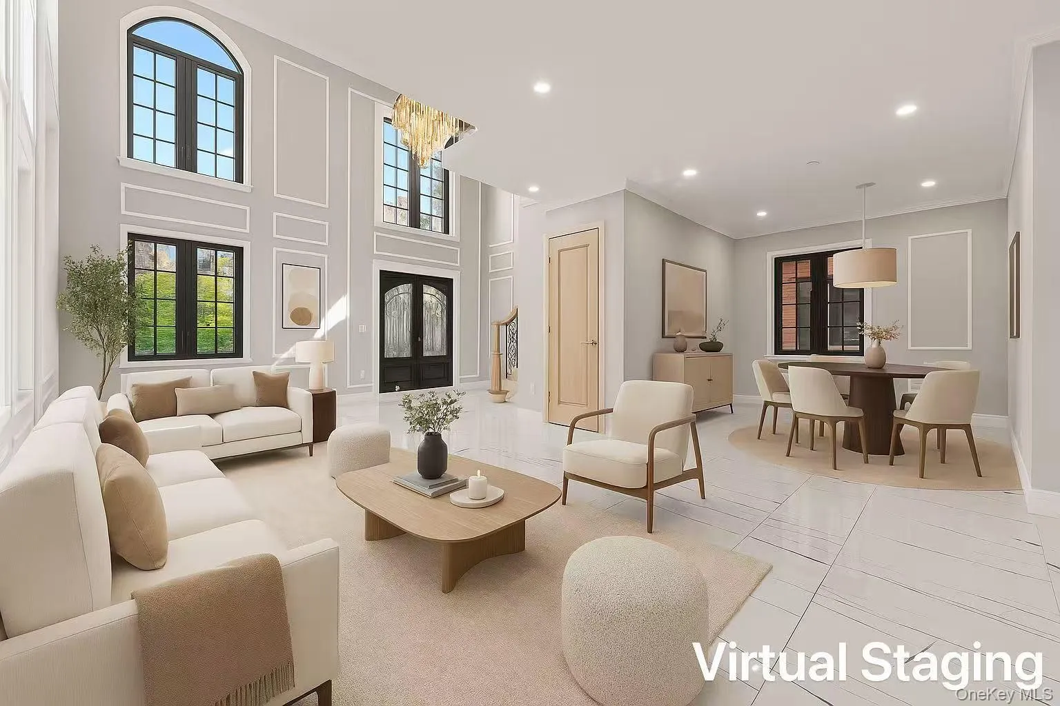 Living room featuring recessed lighting, french doors, light tile patterned floors, crown molding, and a chandelier Living room featuring recessed lighting, french doors, light tile patterned floors, crown molding, and a chandelier
