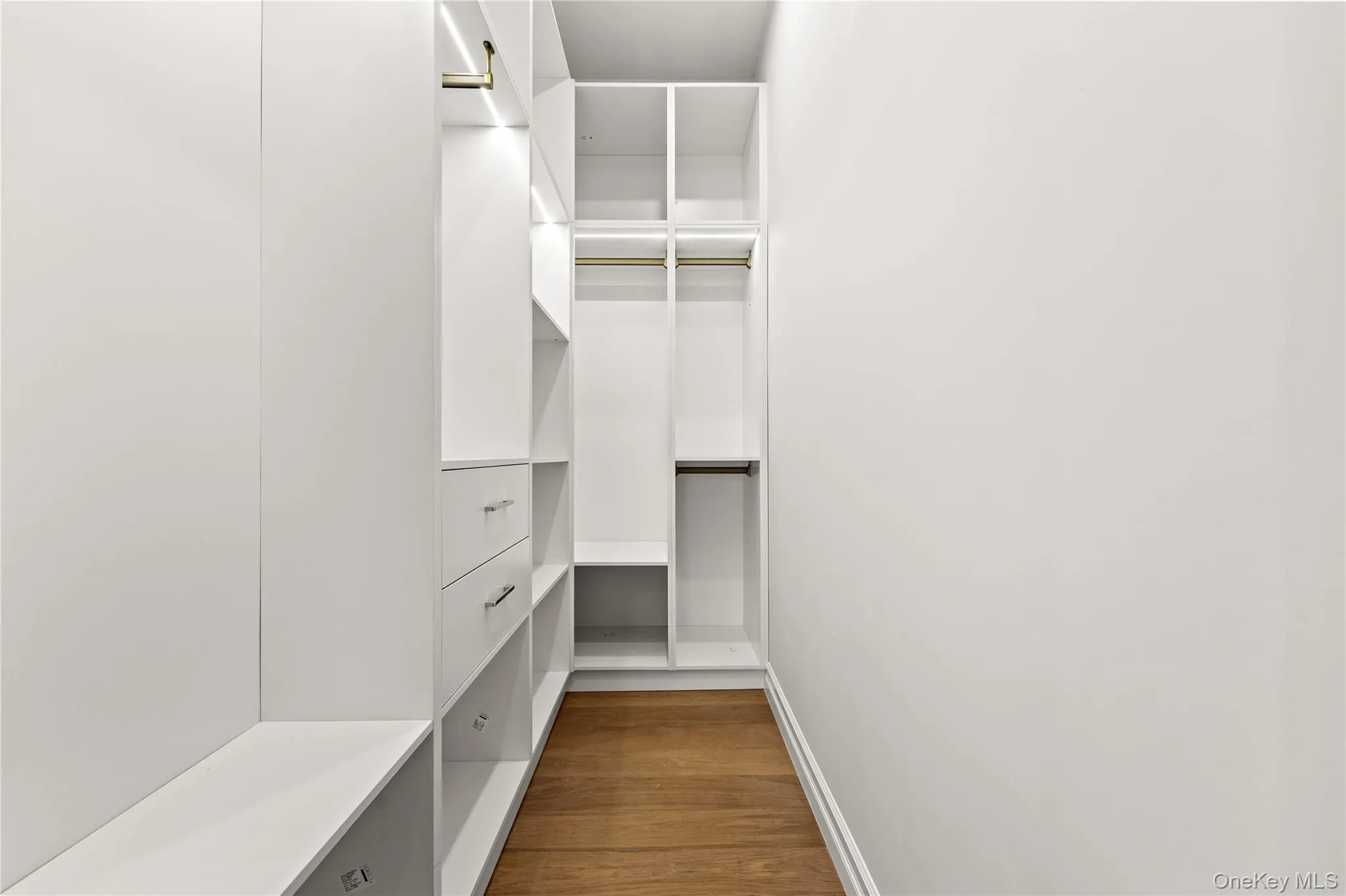 Walk in closet featuring dark wood-type flooring Walk in closet featuring dark wood-type flooring