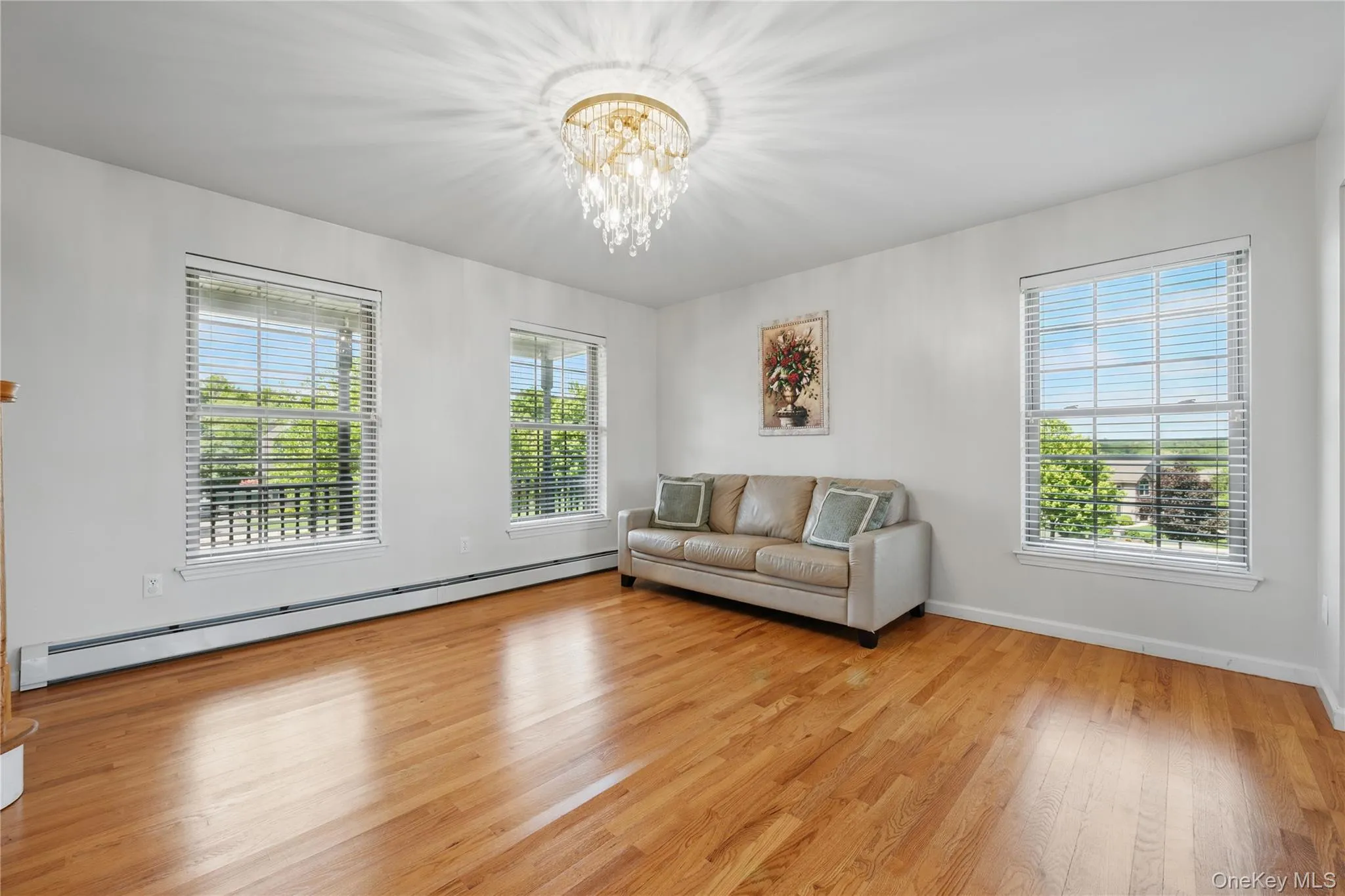 Living room featuring baseboard heating, a chandelier, light wood-style flooring, and baseboards Living room featuring baseboard heating, a chandelier, light wood-style flooring, and baseboards