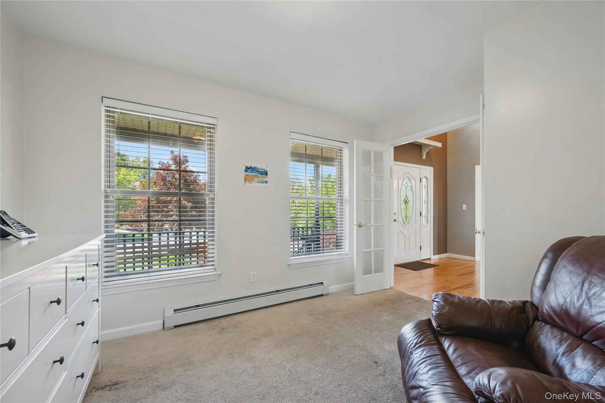 Living room with a baseboard heating unit, light carpet, plenty of natural light, and baseboards Living room with a baseboard heating unit, light carpet, plenty of natural light, and baseboards