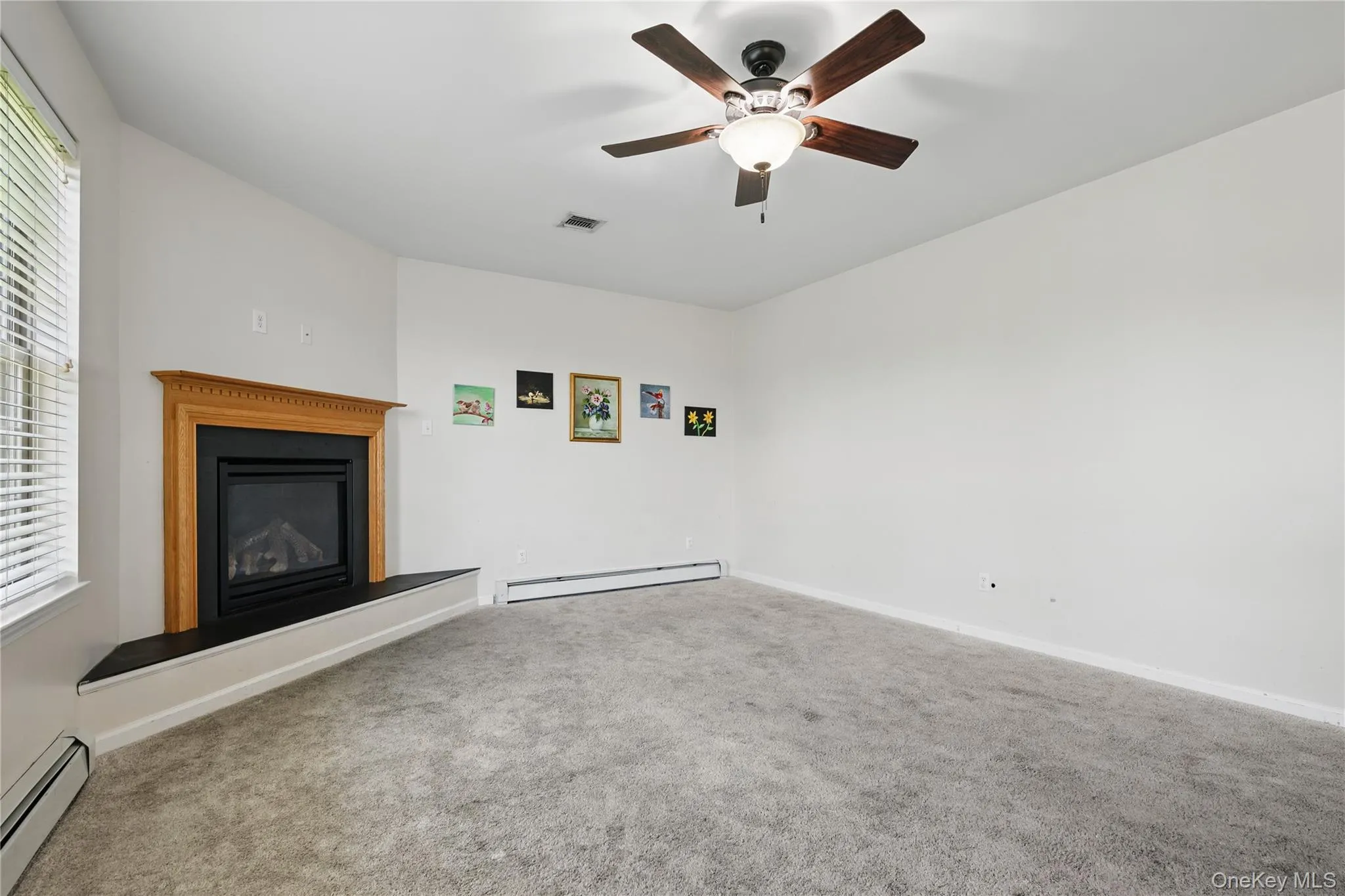 Unfurnished living room with baseboard heating, a baseboard radiator, a glass covered fireplace, carpet floors, and healthy amount of natural light Unfurnished living room with baseboard heating, a baseboard radiator, a glass covered fireplace, carpet floors, and healthy amount of natural light