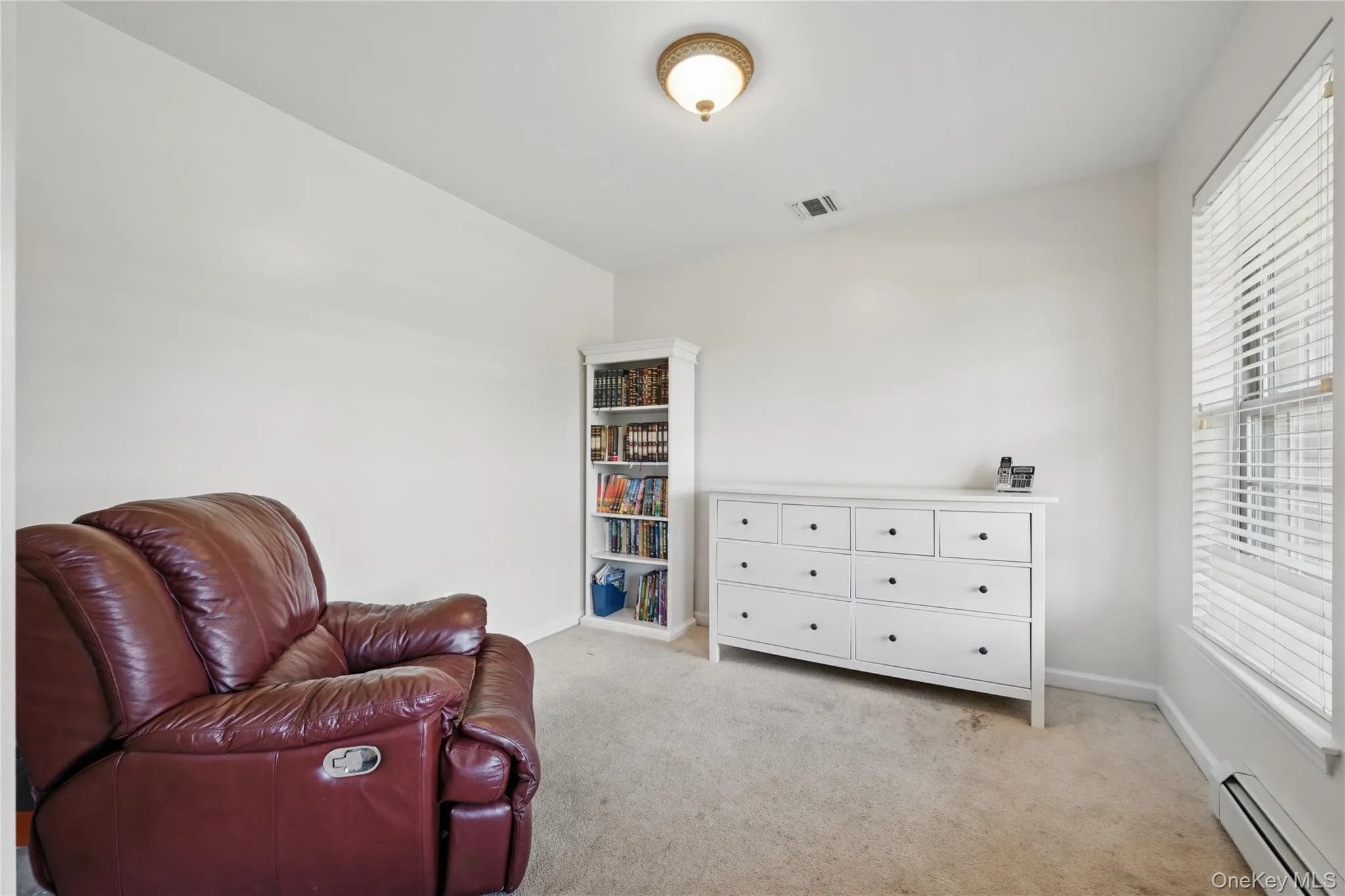 Living area featuring baseboard heating, light carpet, and baseboards Living area featuring baseboard heating, light carpet, and baseboards