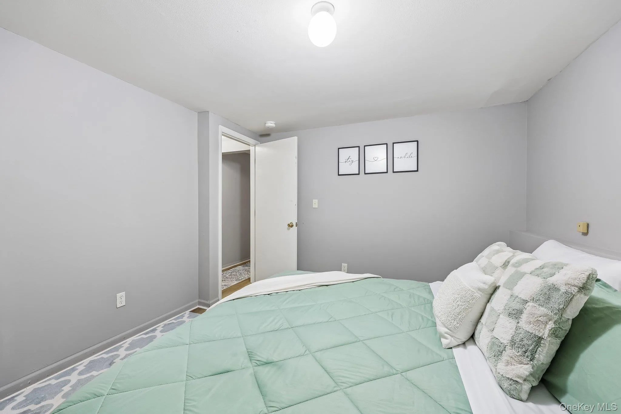 Bedroom featuring light gray wall paint, white trim, and a white ceiling with a flush-mount light fixture Bedroom featuring light gray wall paint, white trim, and a white ceiling with a flush-mount light fixture