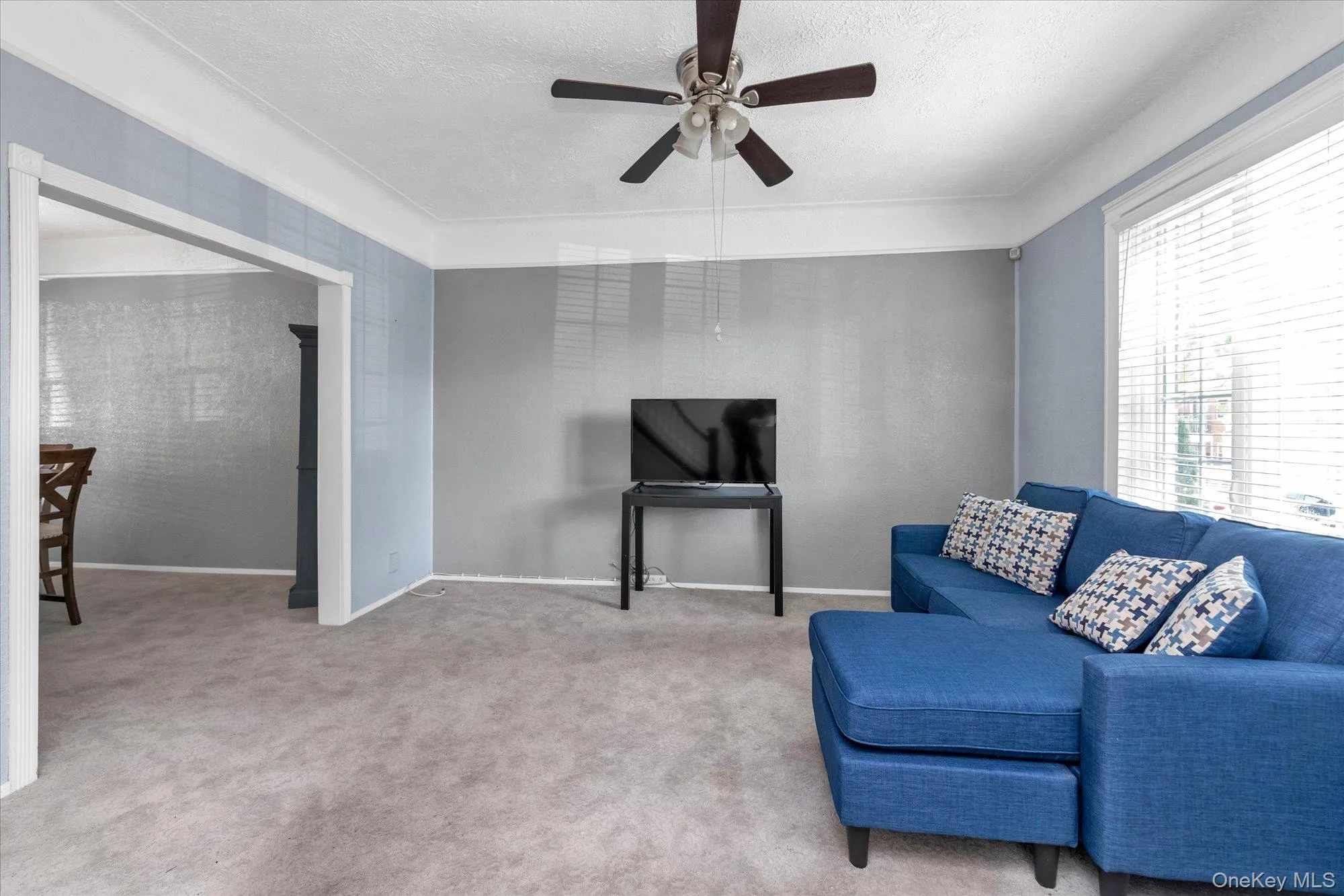 Living area featuring light gray carpeting and a large window with blinds Living area featuring light gray carpeting and a large window with blinds