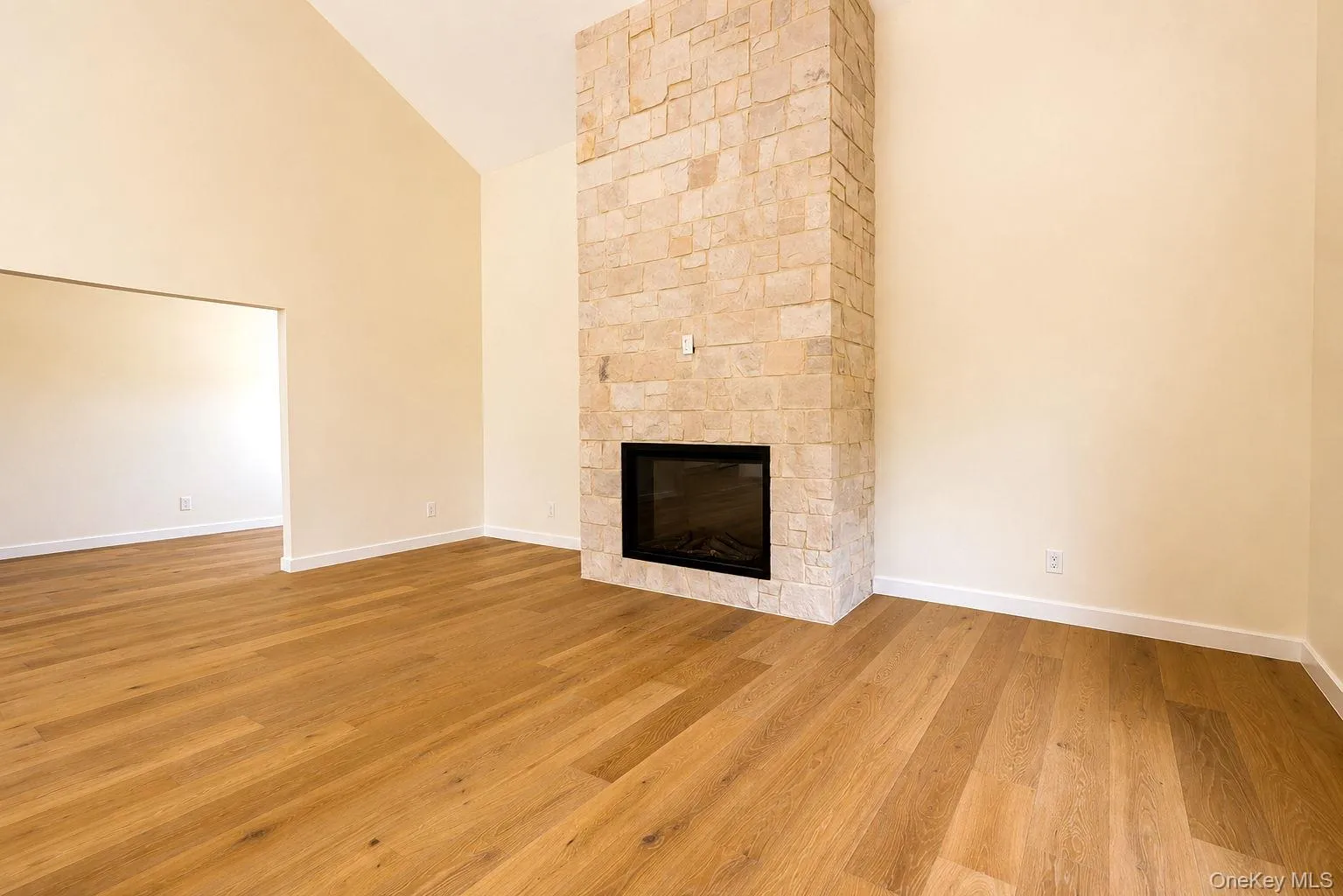 Spacious room featuring a floor-to-ceiling stone fireplace with a black insert, vaulted ceiling, wood-finish flooring, and access to office/den on left. Spacious room featuring a floor-to-ceiling stone fireplace with a black insert, vaulted ceiling, wood-finish flooring, and access to office/den on left.