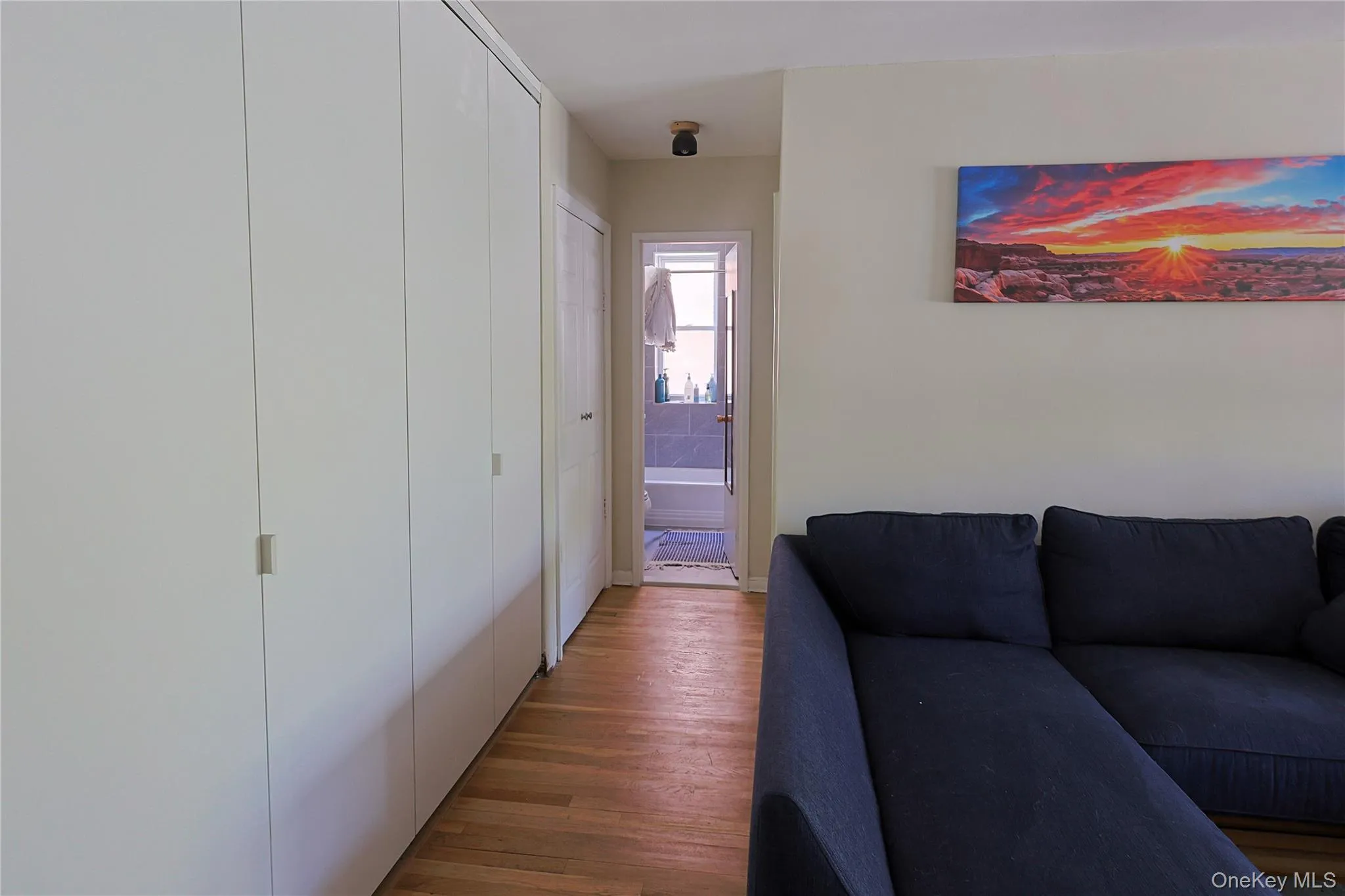 Hallway featuring light wood-finish flooring, white flat-panel closet doors with minimal hardware Hallway featuring light wood-finish flooring, white flat-panel closet doors with minimal hardware