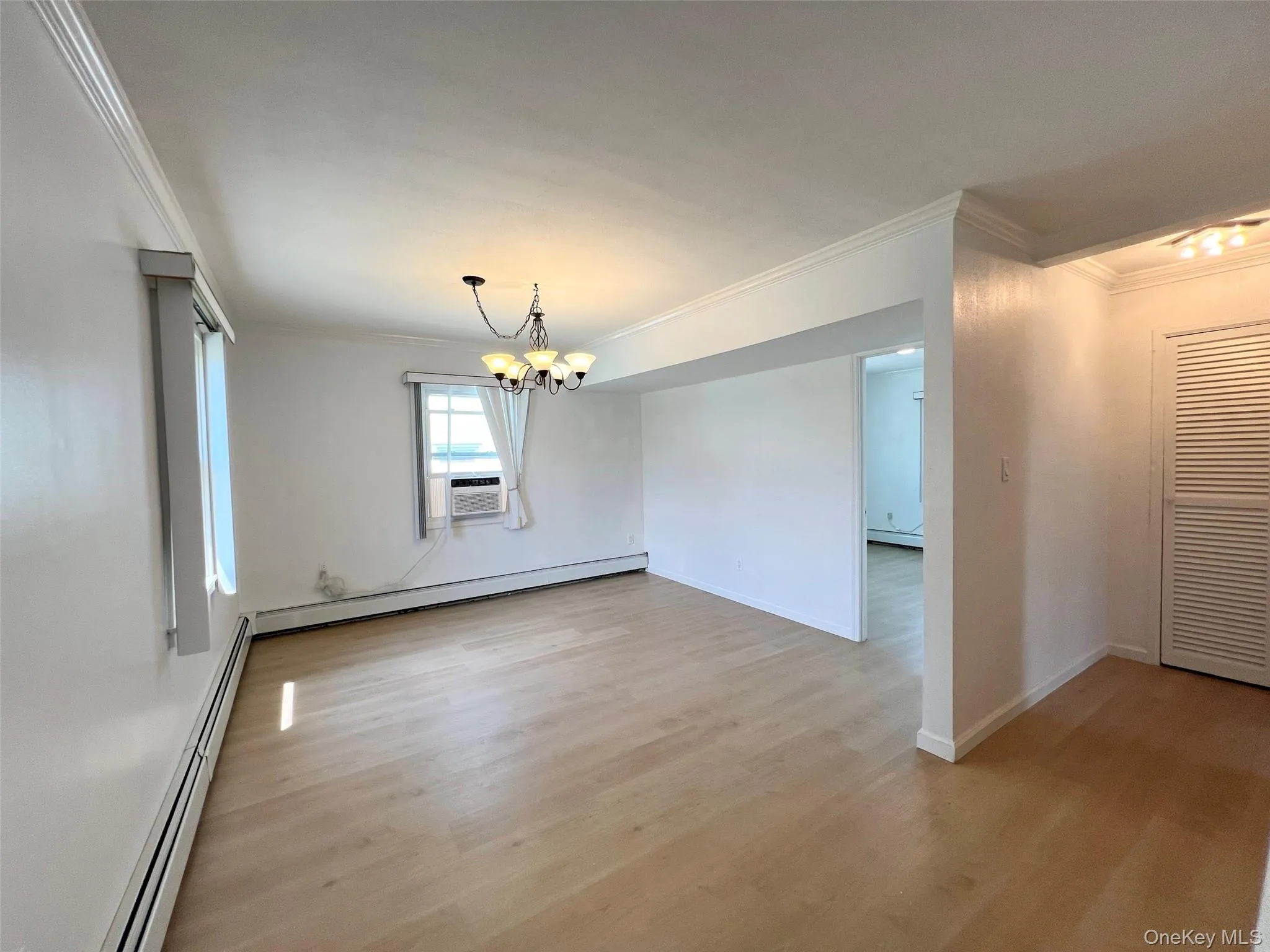 Spare room with ornamental molding, a chandelier, light wood-style flooring, and a baseboard heating unit Spare room with ornamental molding, a chandelier, light wood-style flooring, and a baseboard heating unit