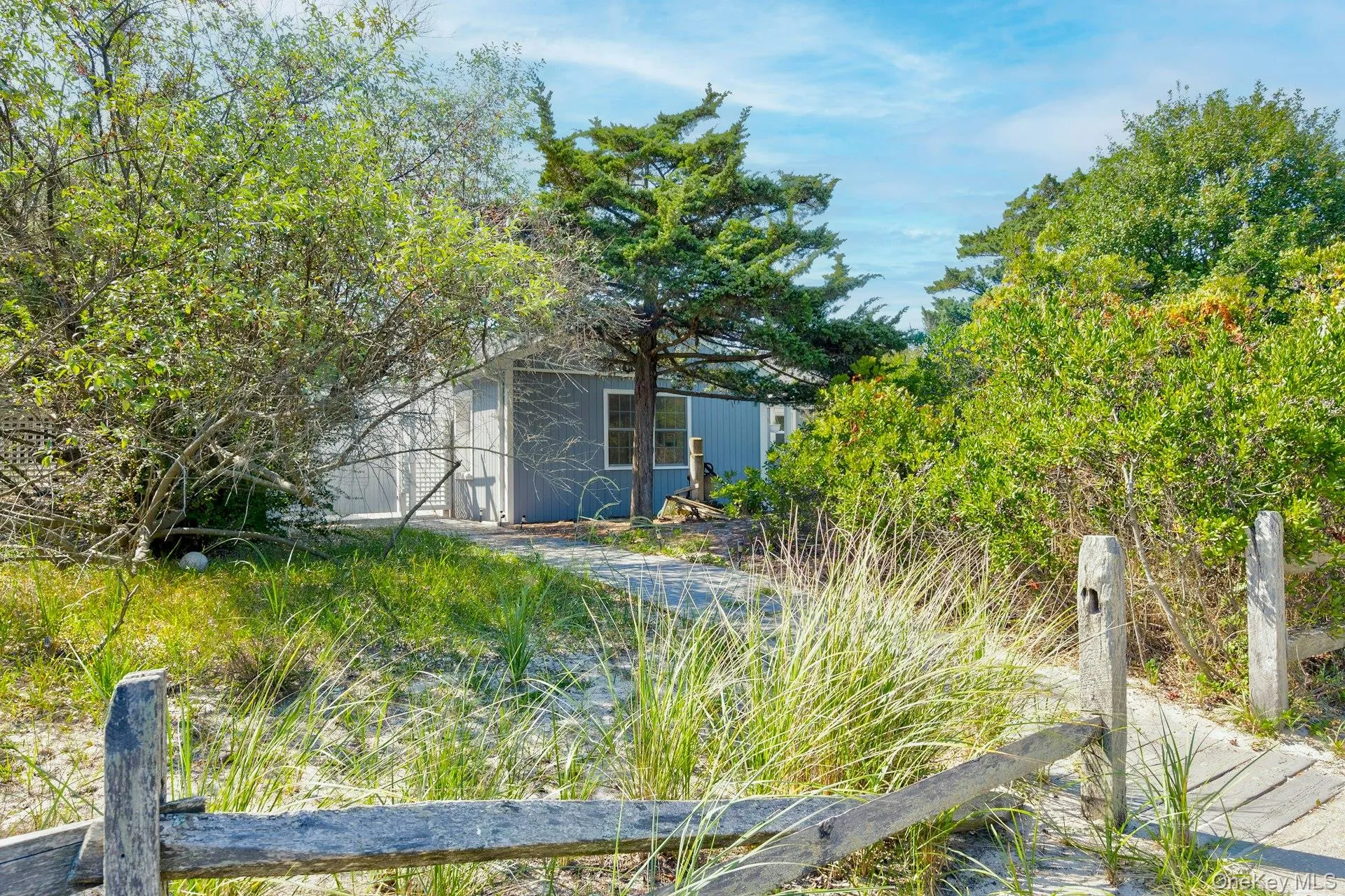 Wood pathway leading to a residence with light blue siding, white trim Wood pathway leading to a residence with light blue siding, white trim