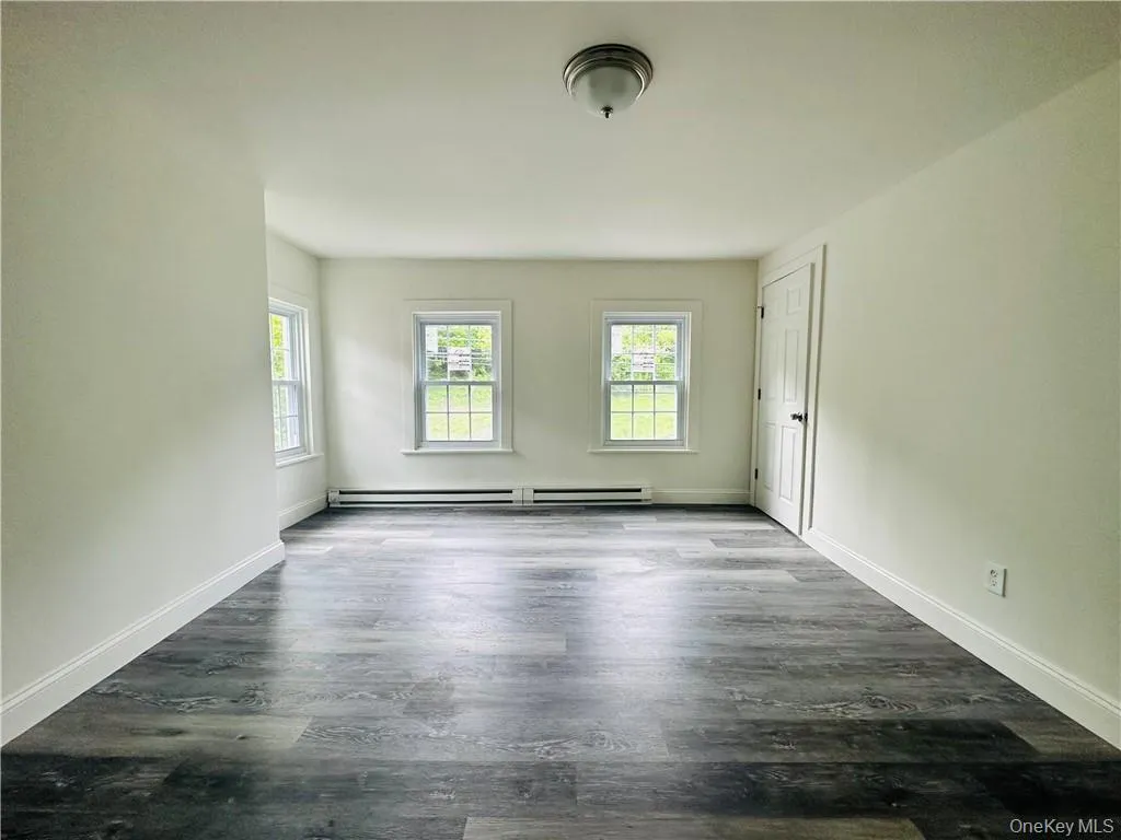 Spare room with dark wood-type flooring and a baseboard heating unit Spare room with dark wood-type flooring and a baseboard heating unit