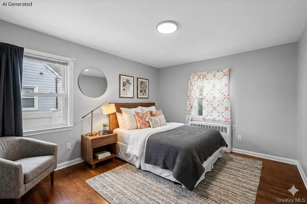 Hardwood flooring throughout featuring a neutral wall color, two windows, and a built-in radiator Hardwood flooring throughout featuring a neutral wall color, two windows, and a built-in radiator