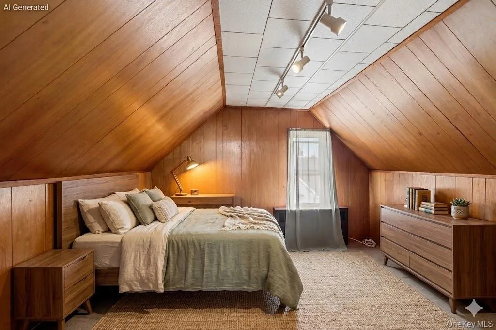 Attic space featuring wood paneling on walls and sloped ceilings, along with a white panel ceiling Attic space featuring wood paneling on walls and sloped ceilings, along with a white panel ceiling