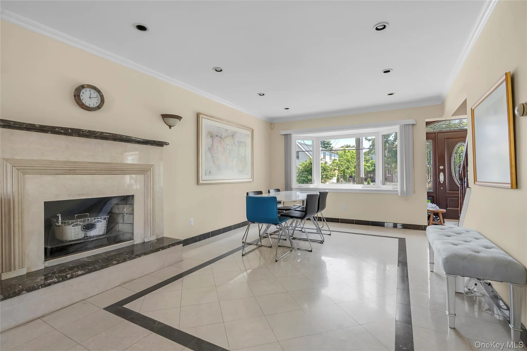 Fireplace and large bay window in the kitchen Fireplace and large bay window in the kitchen