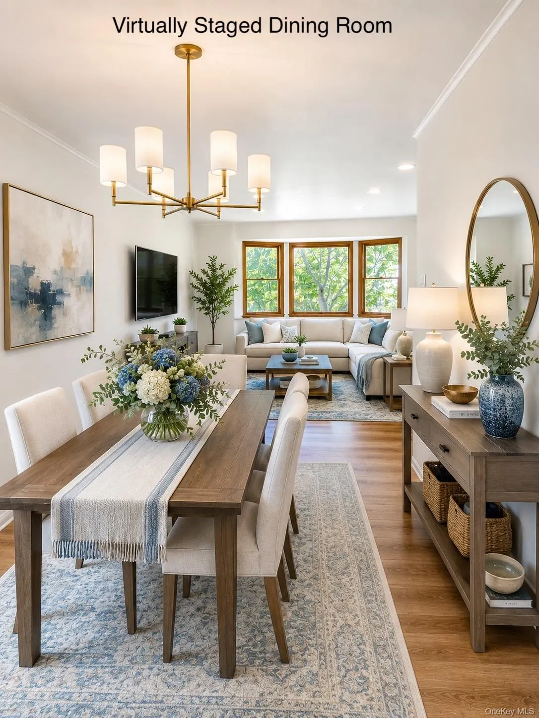 Virtually furnished dining room with new chandelier and furniture Virtually furnished dining room with new chandelier and furniture