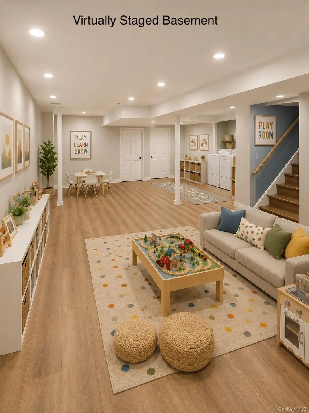 Virtually staged basement with new vinyl floor, recessed lighting and walls and ceiling Virtually staged basement with new vinyl floor, recessed lighting and walls and ceiling