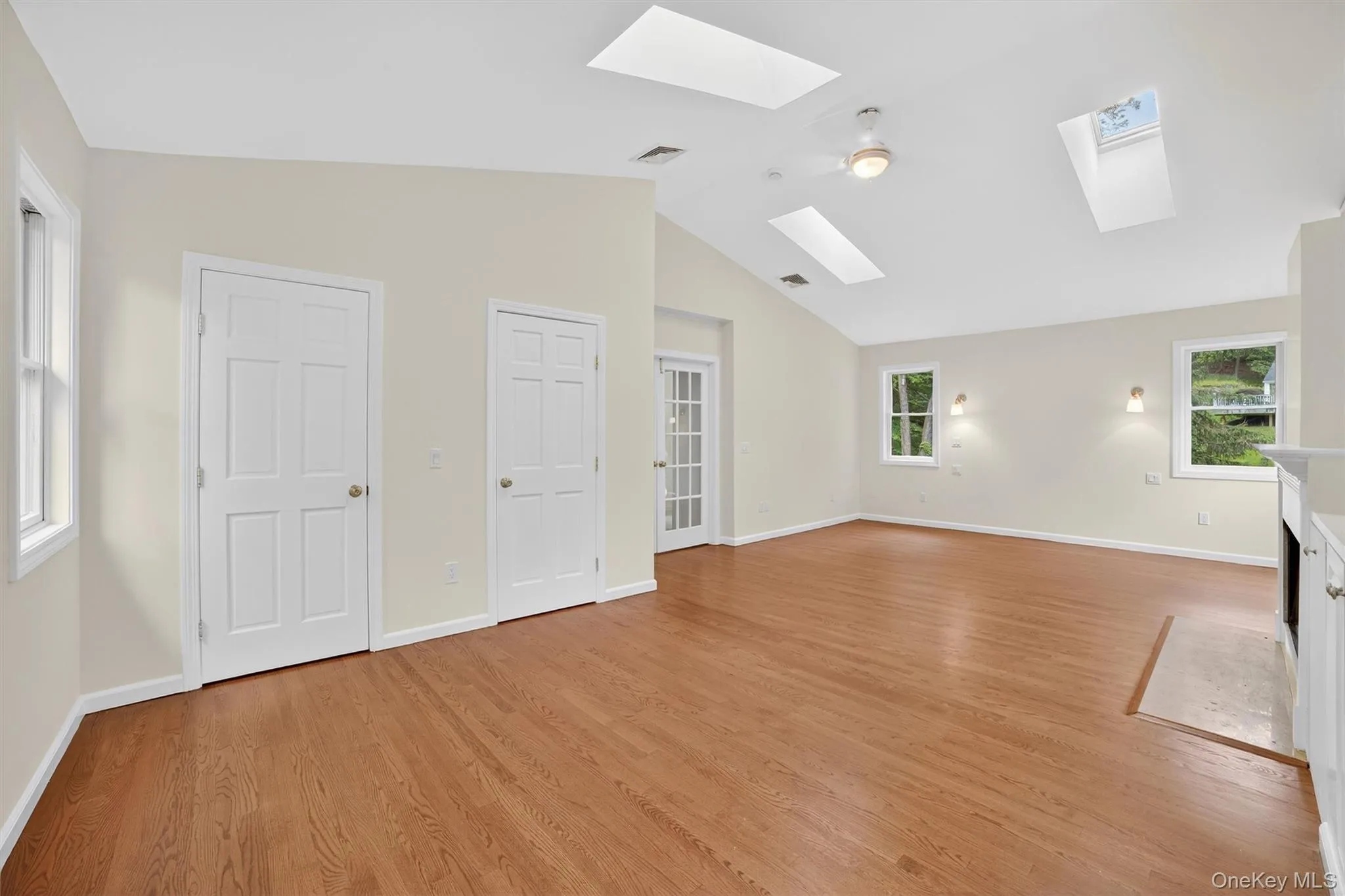 Unfurnished living room with a skylight, light wood finished floors, and lofted ceiling Unfurnished living room with a skylight, light wood finished floors, and lofted ceiling