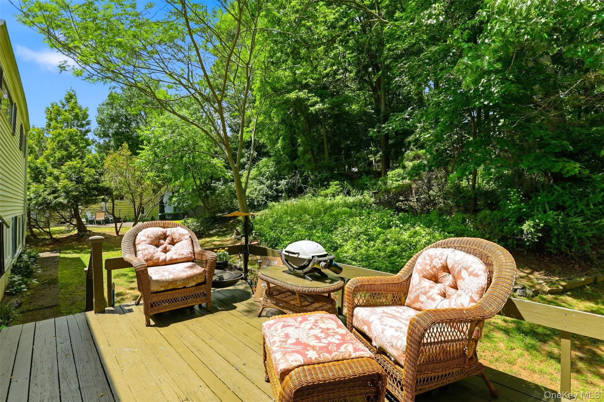 Wood deck with railing and surrounding mature trees Wood deck with railing and surrounding mature trees