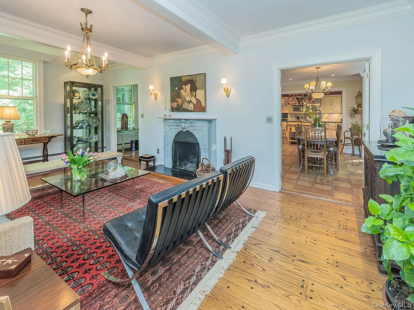 Living Room with Entry to Dining Room and Ceiling with Wood Beams Living Room with Entry to Dining Room and Ceiling with Wood Beams
