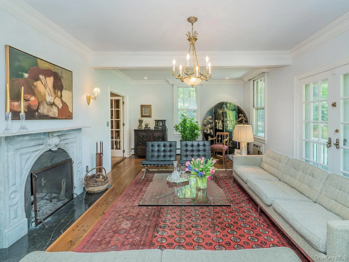 Spacious Living Room, Marble Fireplace Mantel, French Doors to outside balcony Spacious Living Room, Marble Fireplace Mantel, French Doors to outside balcony