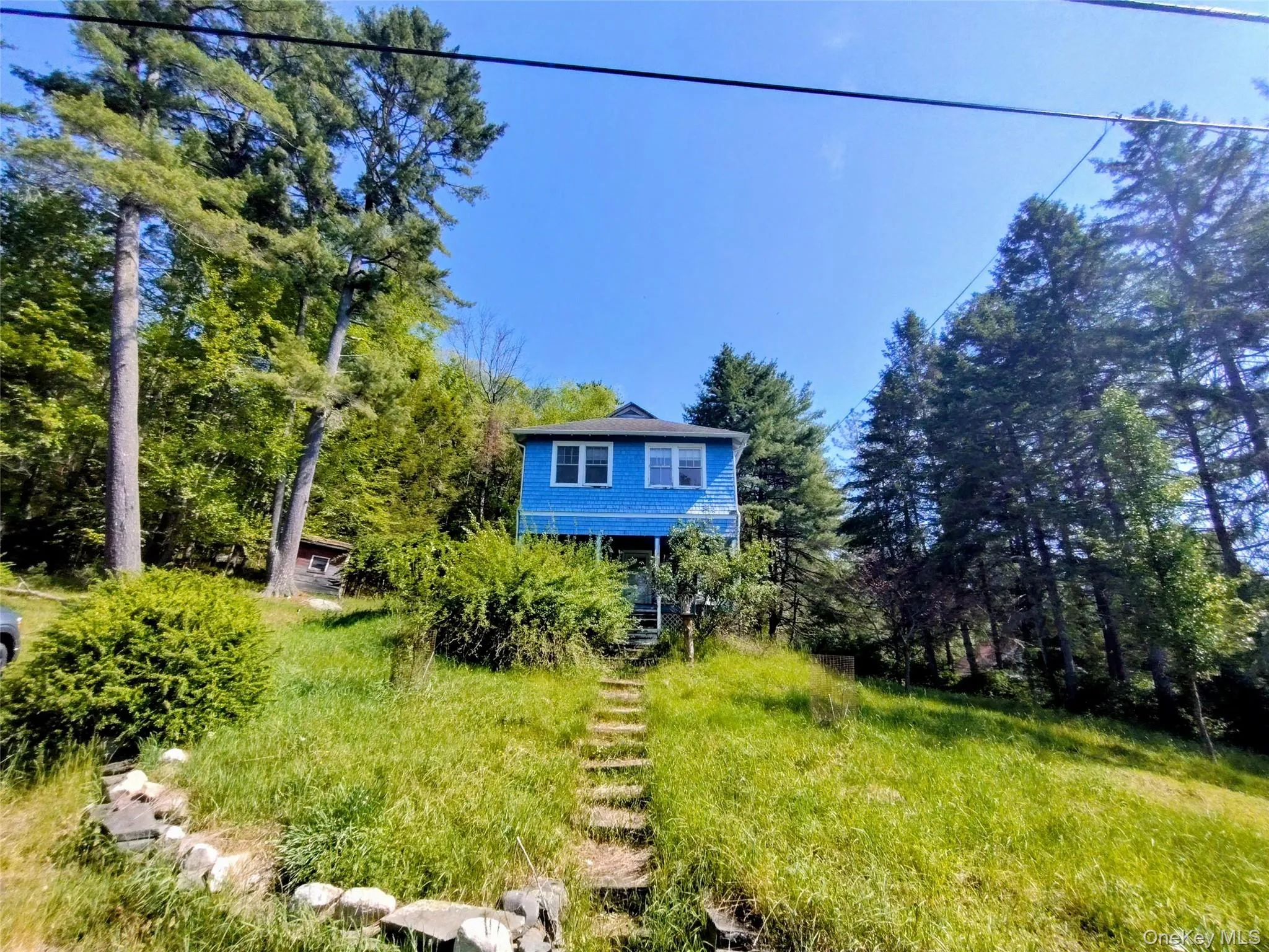 Blue-sided residence set within a natural, treed landscape Blue-sided residence set within a natural, treed landscape